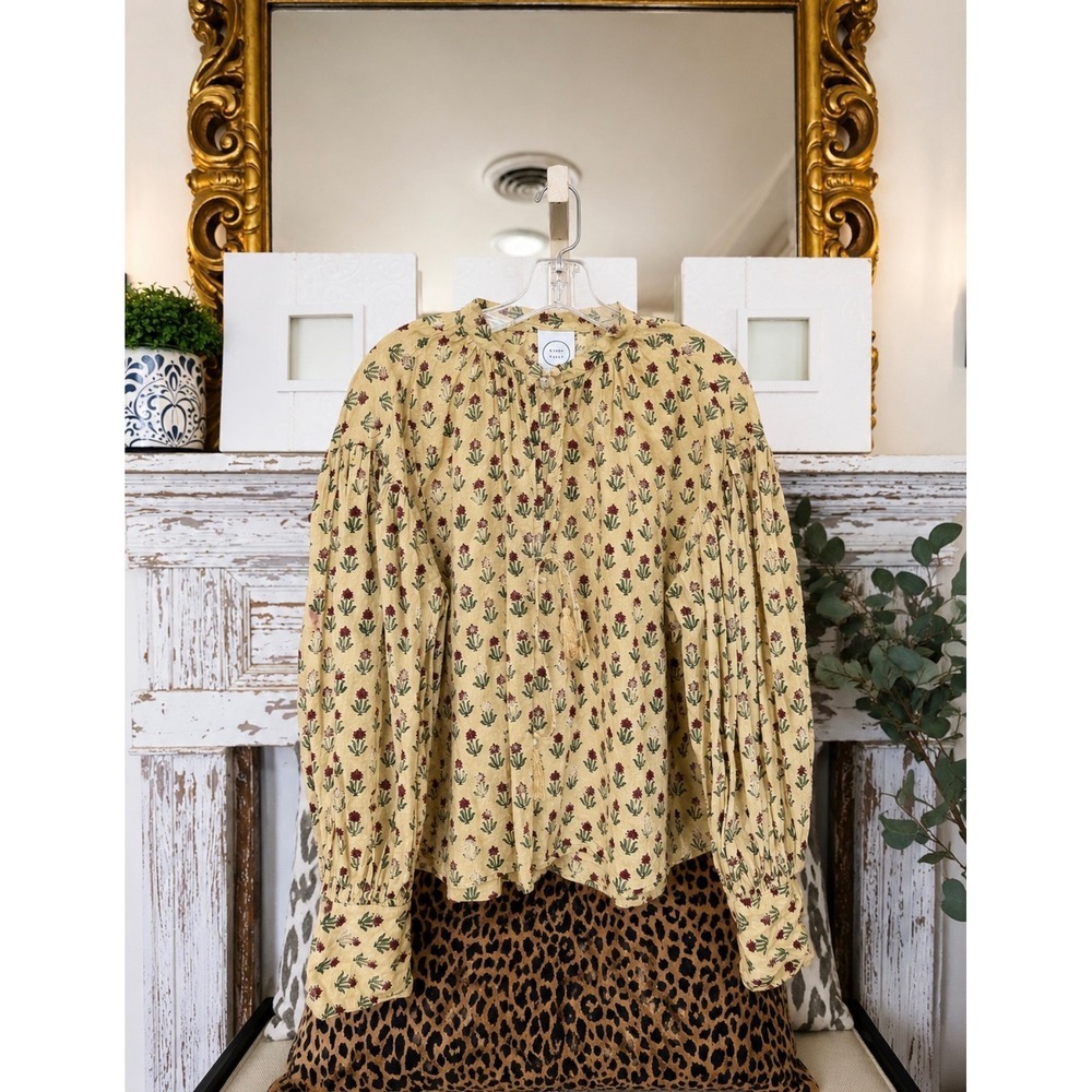 Kinga Csilla Yellow Floral Cactus Print Balloon Sleeve Blouse Top US 8 Boho